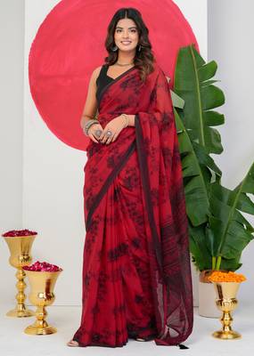 women's floral print georgette saree -red 3