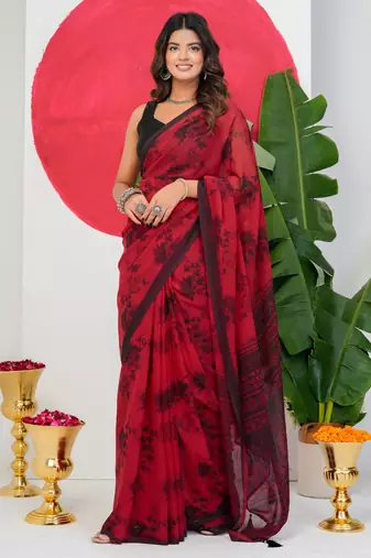women's floral print georgette saree -red