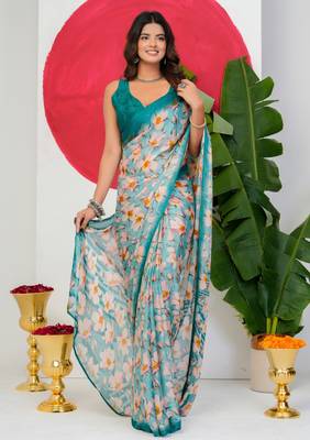 women's floral print chiffon saree -blue 2