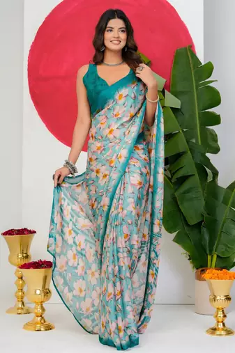 women's floral print chiffon saree -blue