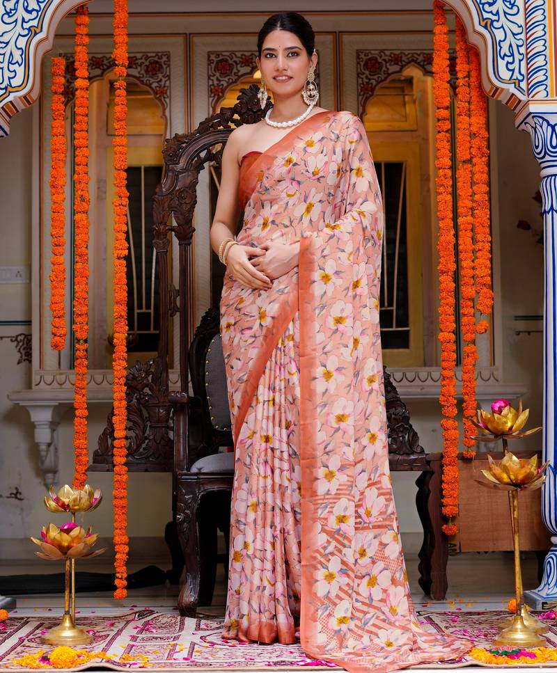 women's floral print chiffon saree -orange