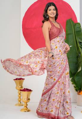 women's floral print chiffon saree -pink 3
