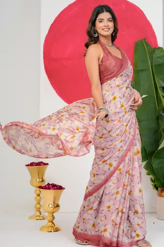 women's floral print chiffon saree -pink
