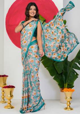women's floral print chiffon saree -blue 3