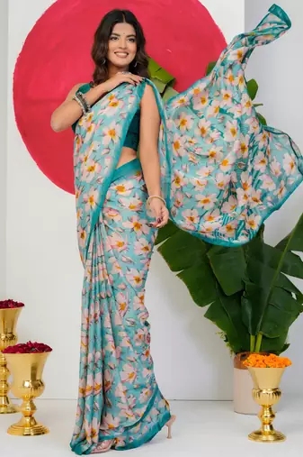 women's floral print chiffon saree -blue