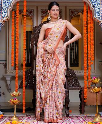 women's floral print chiffon saree -orange 2