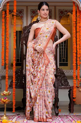 women's floral print chiffon saree -orange
