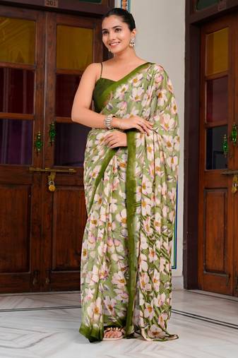 women's floral print chiffon saree -green