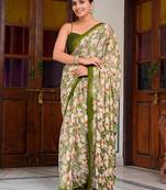 women's floral print chiffon saree -green