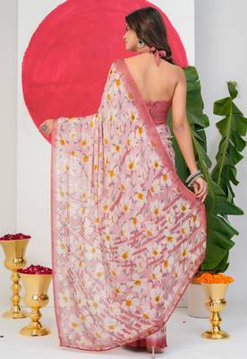 women's floral print chiffon saree -pink 4