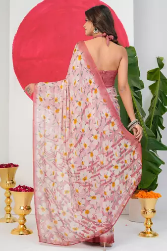 women's floral print chiffon saree -pink