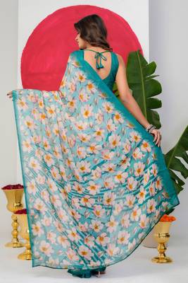 women's floral print chiffon saree -blue 4