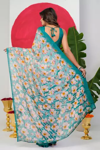 women's floral print chiffon saree -blue