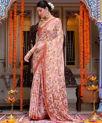 women's floral print chiffon saree -orange 3