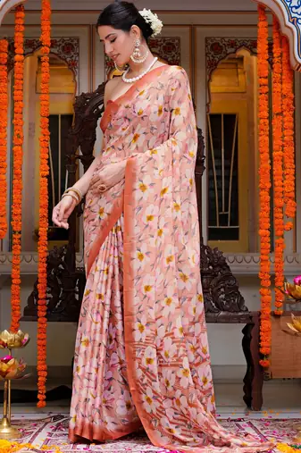 women's floral print chiffon saree -orange