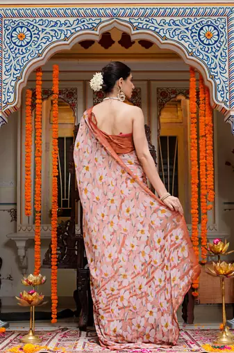 women's floral print chiffon saree -orange