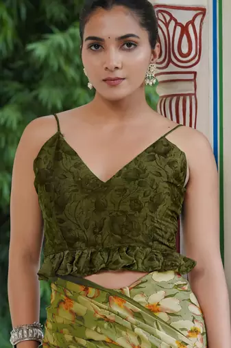 women's floral print chiffon saree -green