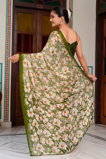 women's floral print chiffon saree -green