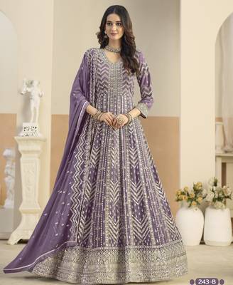 LAVENDER ZARI WORK GEORGETTE DESIGN GOWN  2