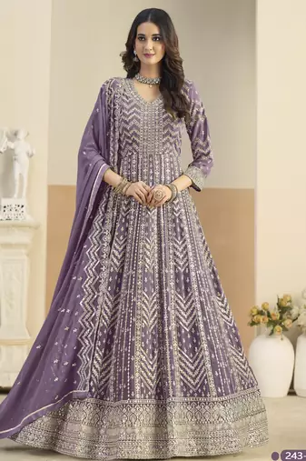 LAVENDER ZARI WORK GEORGETTE DESIGN GOWN 
