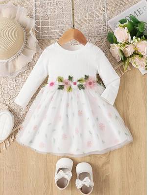 White floral embroidered net cotton kids party wear dress 1