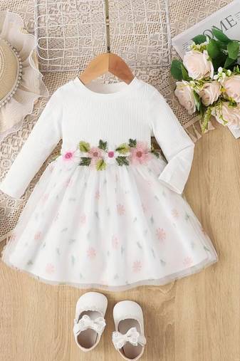 White floral embroidered net cotton kids party wear dress