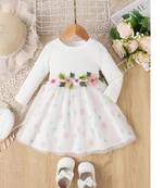 White floral embroidered net cotton kids party wear dress