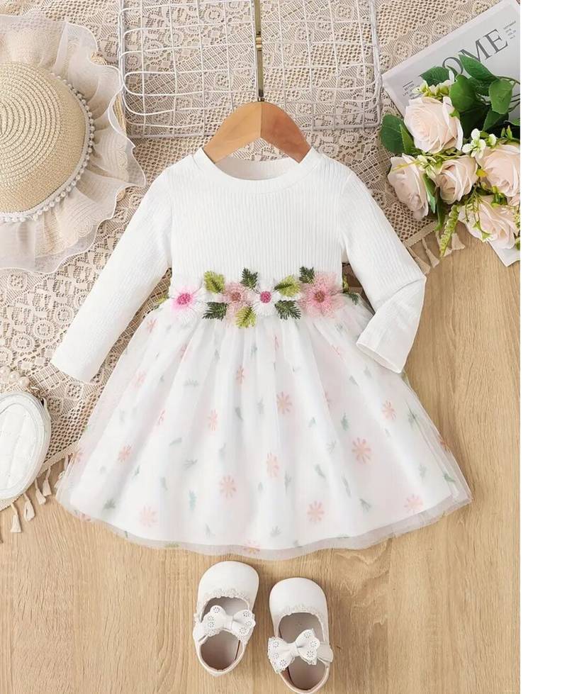 White floral embroidered net cotton kids party wear dress