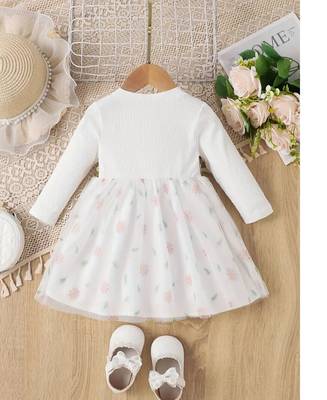 White floral embroidered net cotton kids party wear dress 2