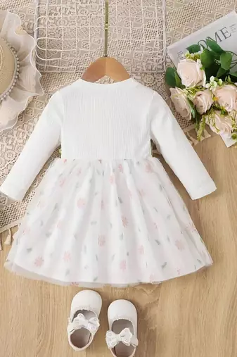 White floral embroidered net cotton kids party wear dress