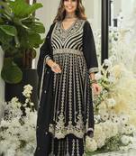 Chinon embroidered black readymade salwar kameez semi stitched up to 42" size