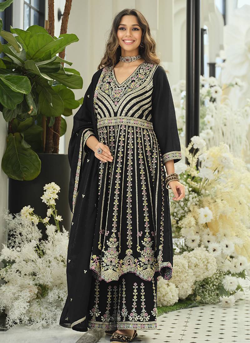 Chinon embroidered black readymade salwar kameez semi stitched up to 42" size