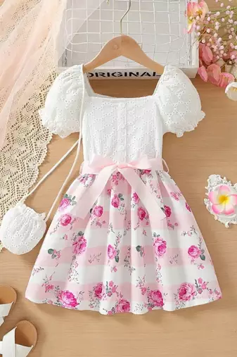 White & pink floral printed cotton lace puff sleeve kids party wear dress