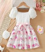 White & pink floral printed cotton lace puff sleeve kids party wear dress