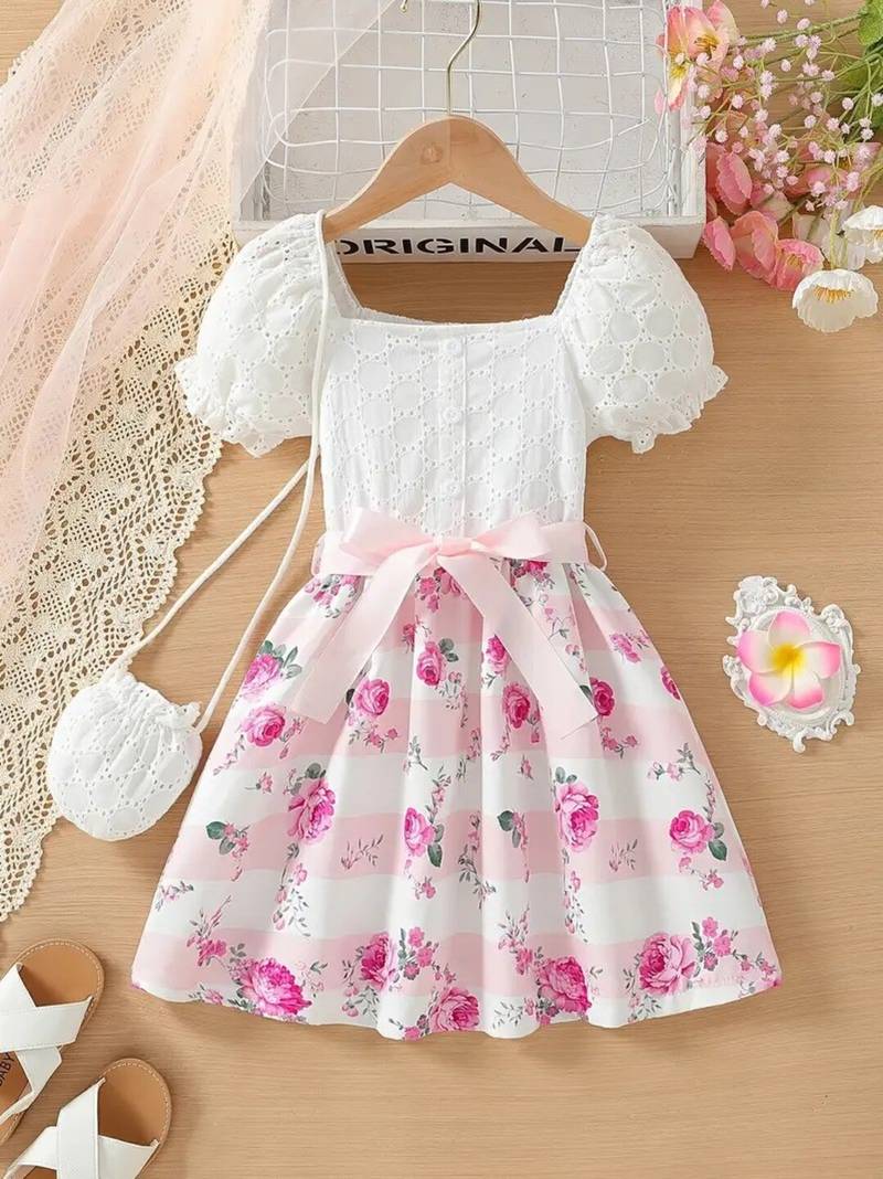White & pink floral printed cotton lace puff sleeve kids party wear dress