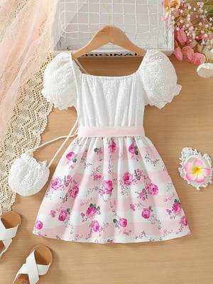 White & pink floral printed cotton lace puff sleeve kids party wear dress 2