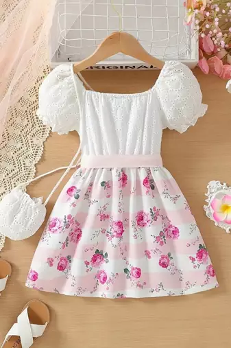 White & pink floral printed cotton lace puff sleeve kids party wear dress