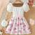 White & pink floral printed cotton lace puff sleeve kids party wear dress