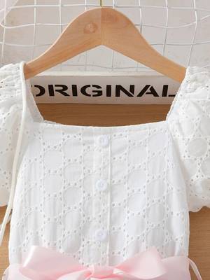 White & pink floral printed cotton lace puff sleeve kids party wear dress 3