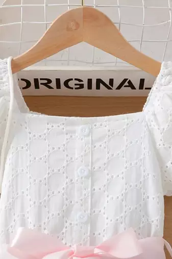White & pink floral printed cotton lace puff sleeve kids party wear dress