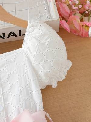 White & pink floral printed cotton lace puff sleeve kids party wear dress 4