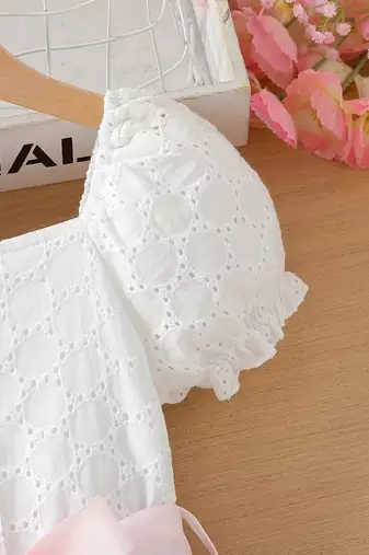 White & pink floral printed cotton lace puff sleeve kids party wear dress