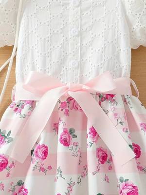 White & pink floral printed cotton lace puff sleeve kids party wear dress 5