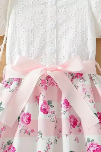 White & pink floral printed cotton lace puff sleeve kids party wear dress