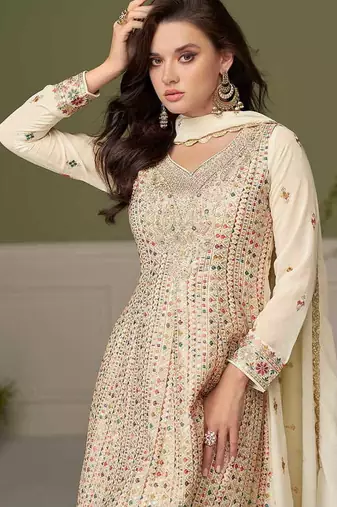 Faux georgette cream embroidered readymade palazzo suit semi stitched up to 42" size
