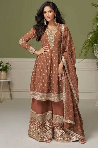 Faux georgette brown embroidered readymade palazzo suit semi stitched up to 42" size