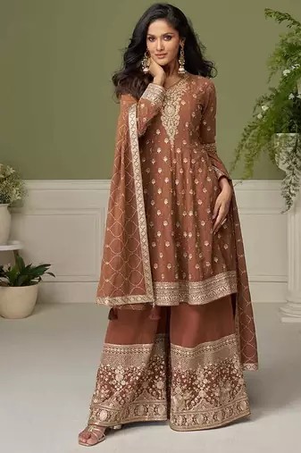 Faux georgette brown embroidered readymade palazzo suit semi stitched up to 42" size