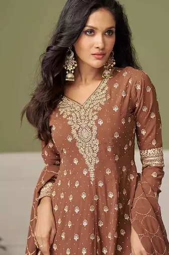 Faux georgette brown embroidered readymade palazzo suit semi stitched up to 42" size