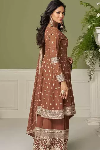 Faux georgette brown embroidered readymade palazzo suit semi stitched up to 42" size