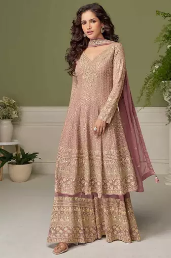Faux georgette light pink embroidered readymade palazzo suit semi stitched up to 42" size